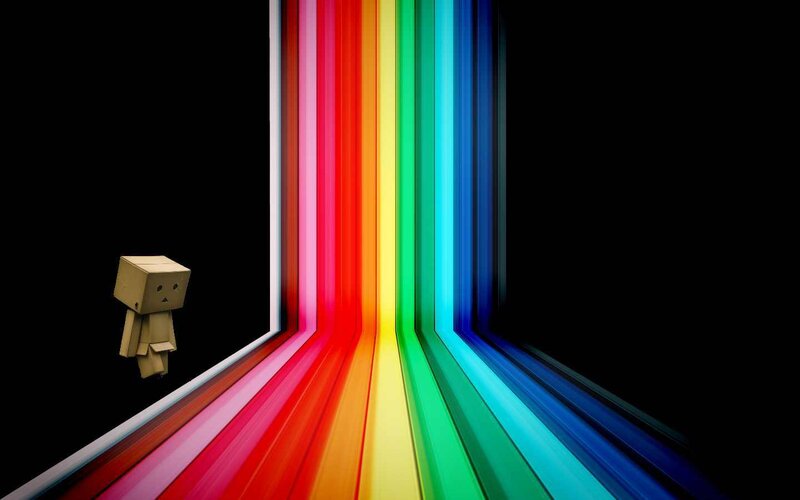 Danbo stands before rainbow light