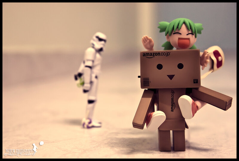 Danbo with anime figure and stormtrooper