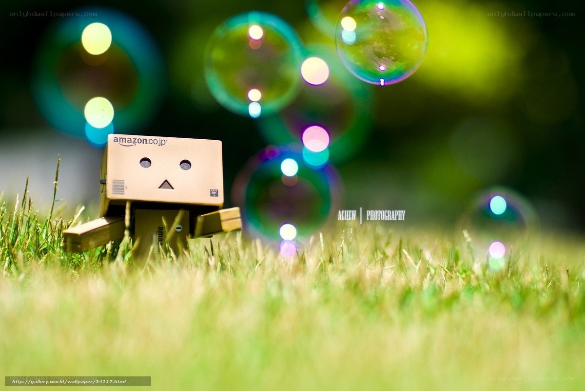 Danbo with bubbles in grass