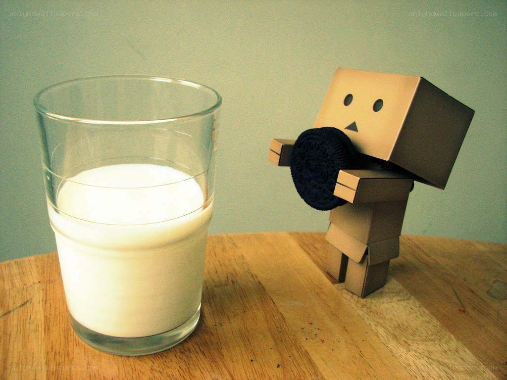 Danbo with milk and cookie