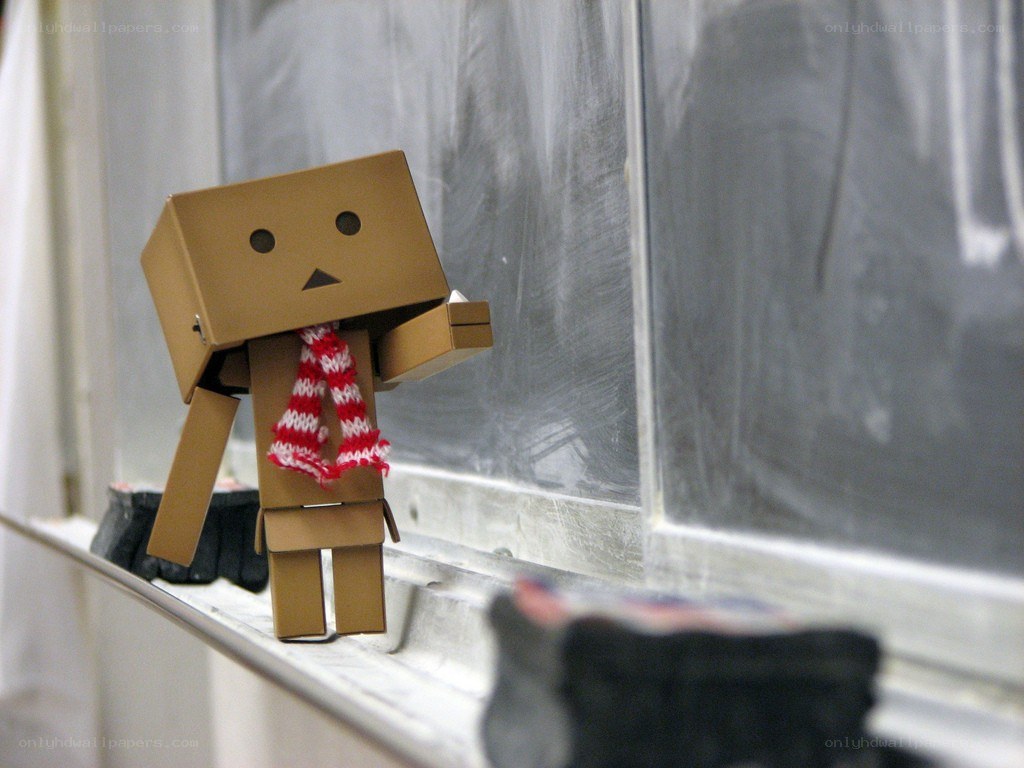 Danbo with scarf on windowsill