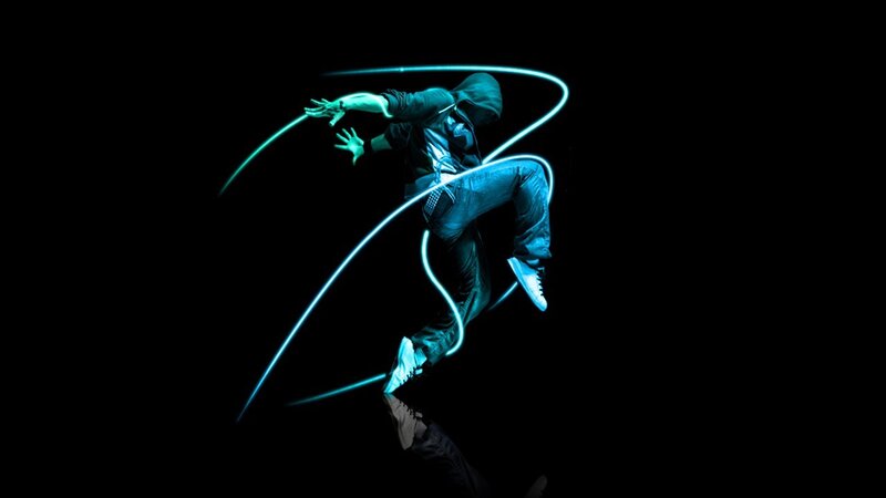 Dancer in Motion — Black, Dynamic, Night, Digital Art, Light Trails, Hoodie, Jeans