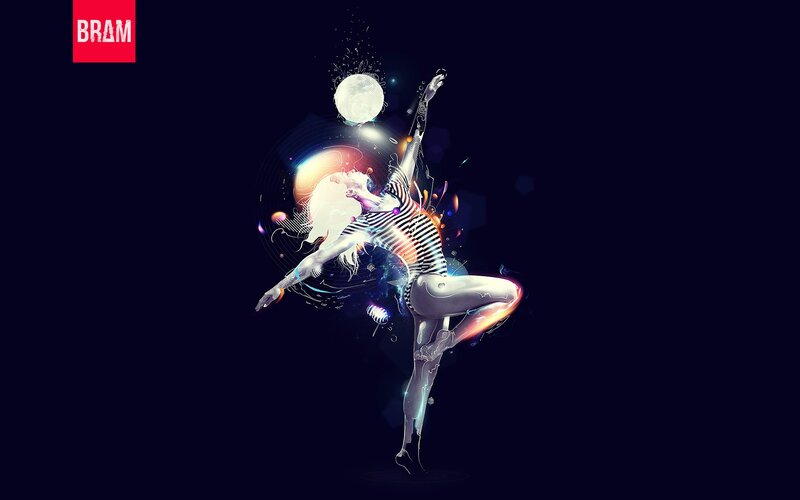 Dancer in Motion — Black, Dynamic, Night, Digital Art, Striped Shirt