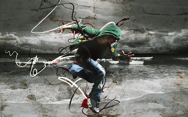 Dancer in motion with splatters