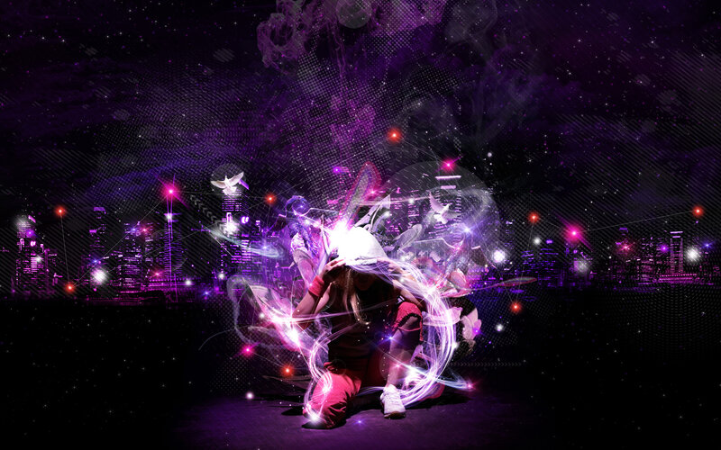dancer in purple cityscape