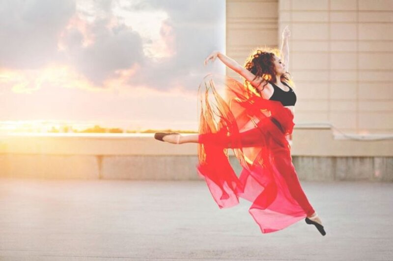 Dancer in Red Dress — Dynamic, Sunset