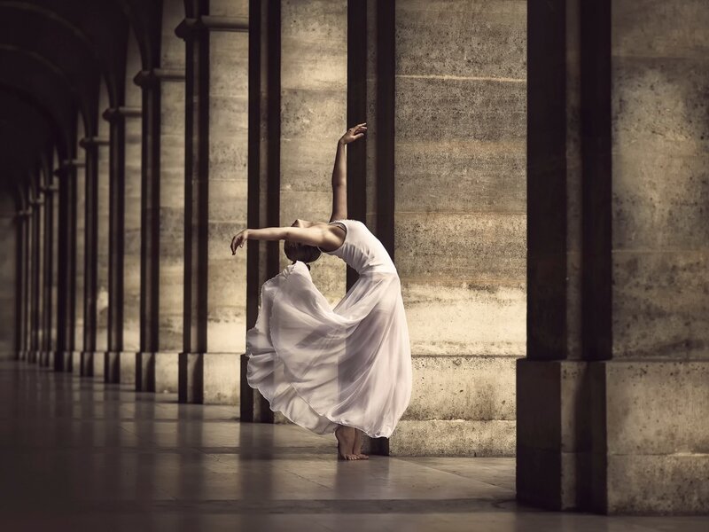 Dancer in White Dress — Dramatic, Photograph