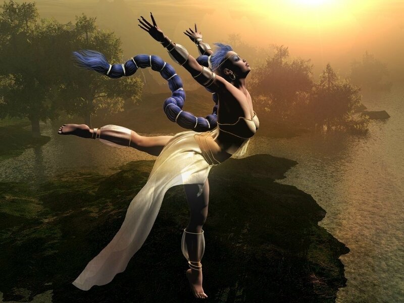 Dancer with blue hair at sunset