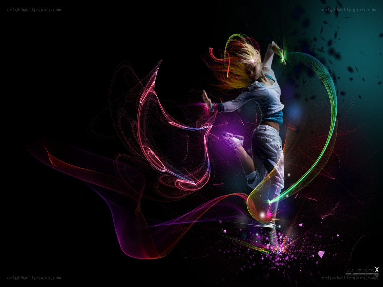 dancer with colorful light trails