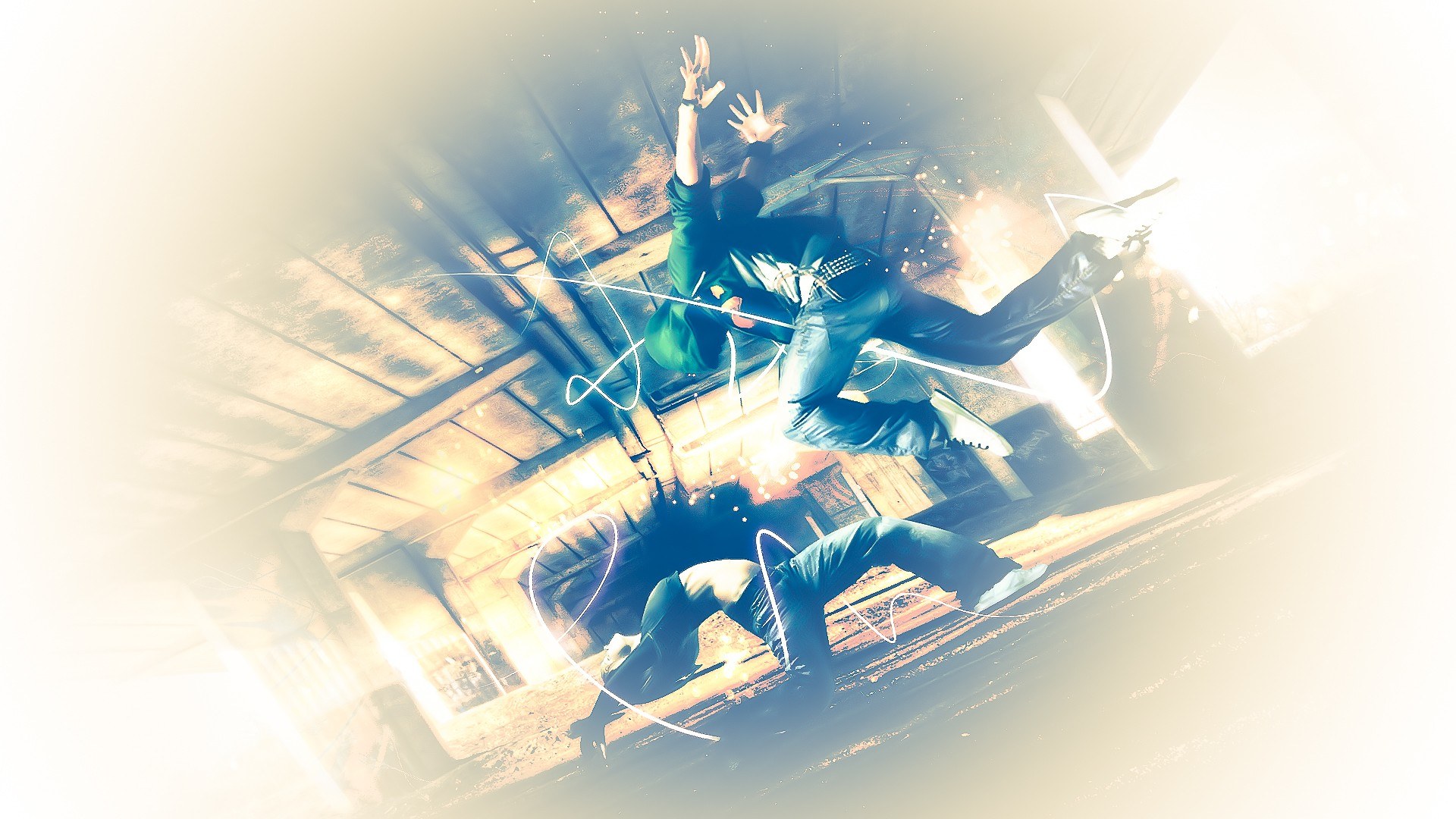 Dancers in motion with light trails