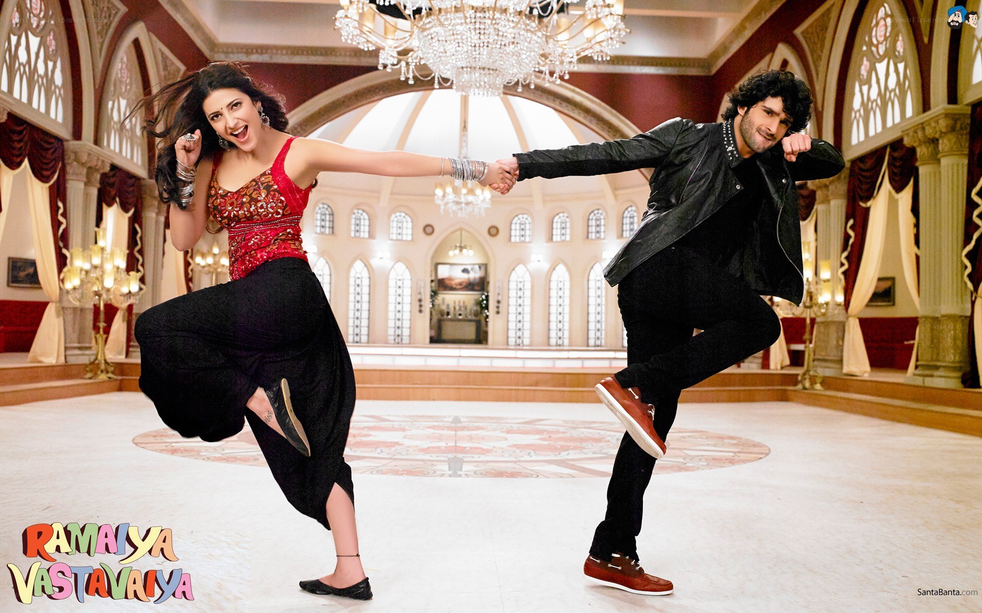 Dancing couple in grand hall