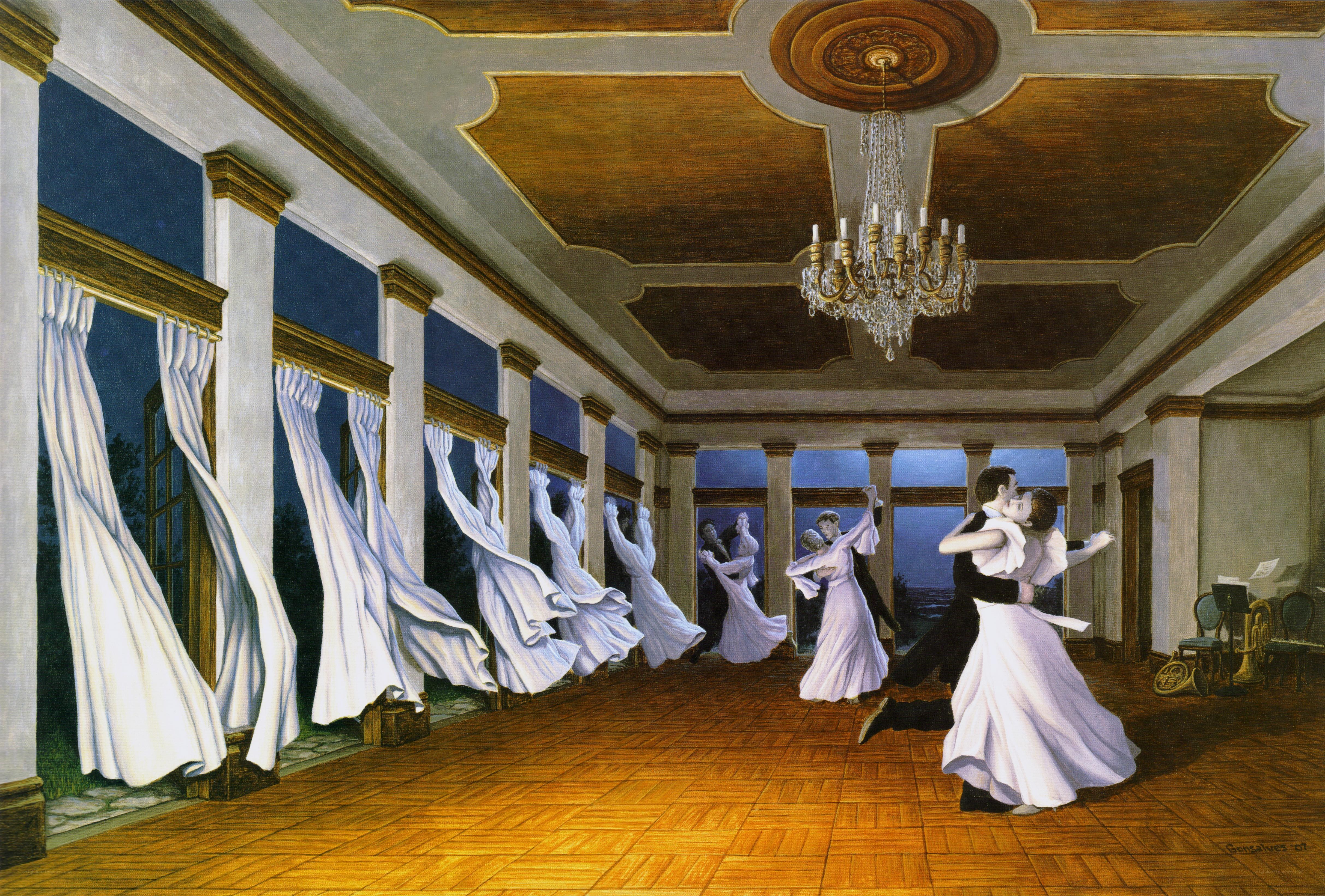 Dancing couples in a grand hall