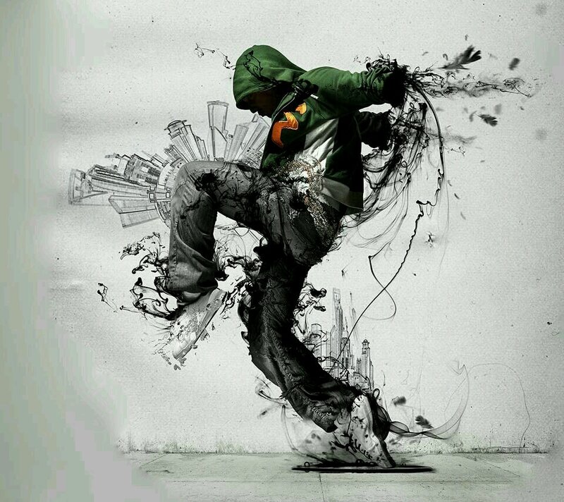 dancing figure with ink splatter