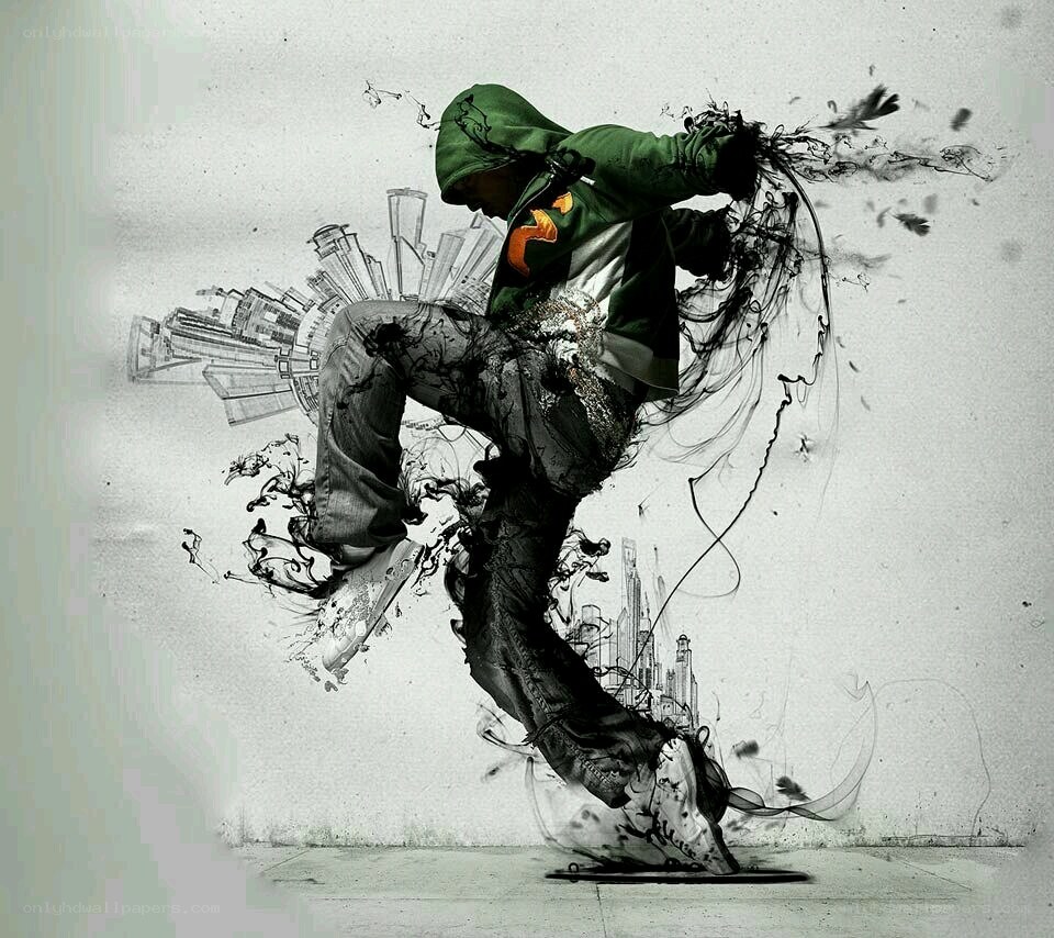 dancing figure with ink splatter