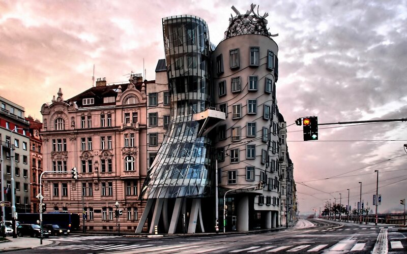Dancing House Building — Gray, Dramatic, Sunset, Photograph