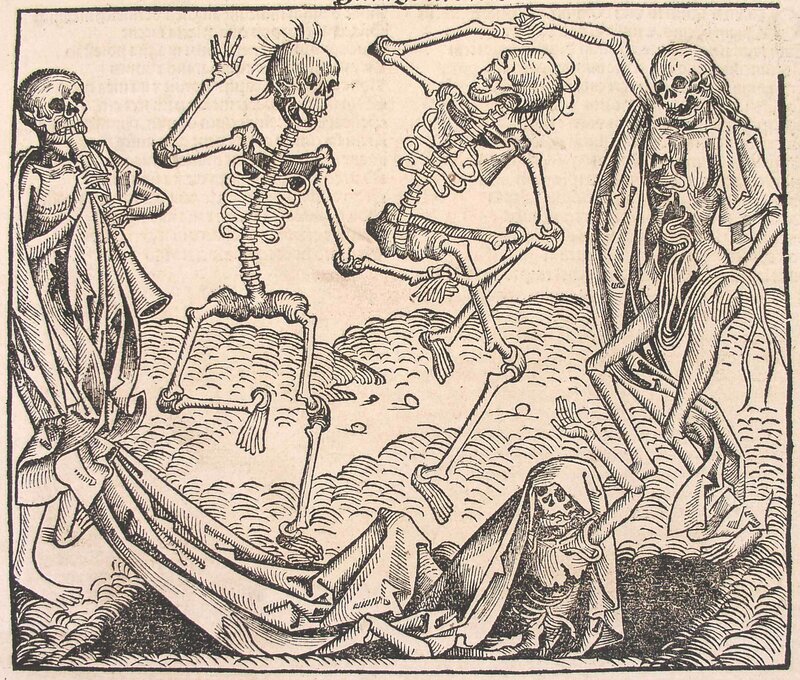 Dancing skeletons in a memento mori scene