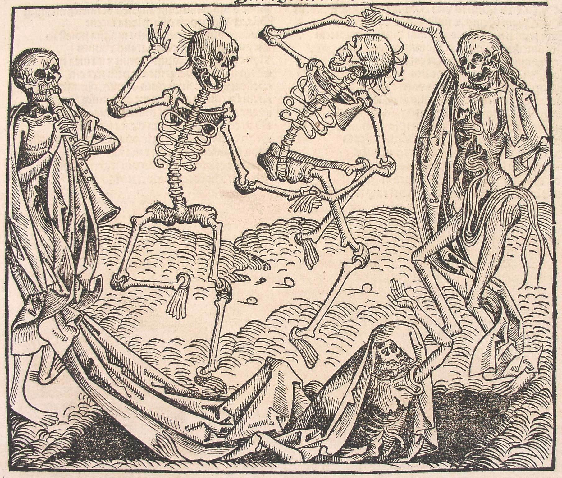 Dancing skeletons in a memento mori scene