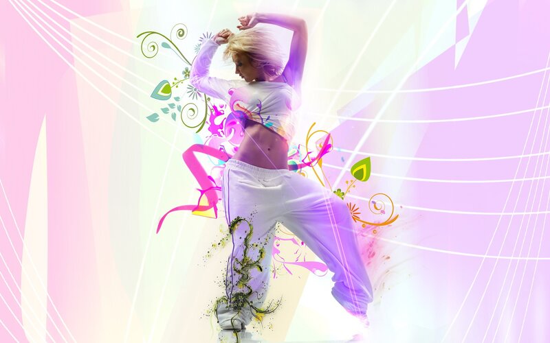 dancing woman with colorful graphics