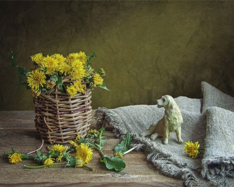 Dandelion Basket and Dog Figurine