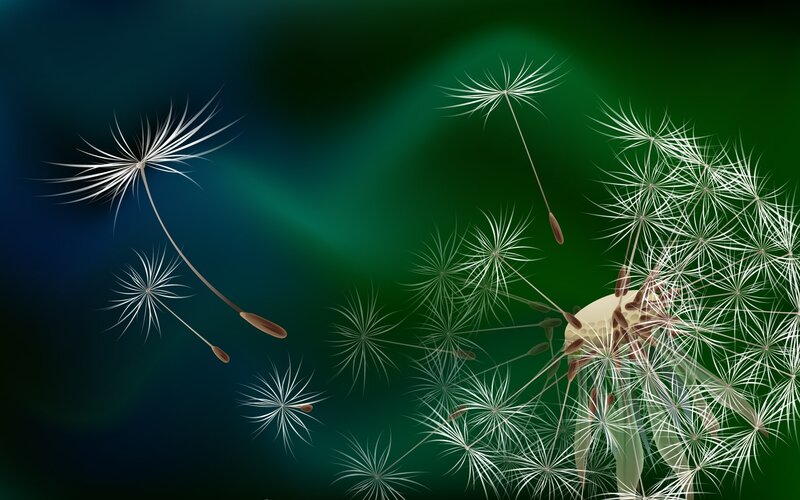 Dandelion Seeds Floating — Green, Serene, Digital Art