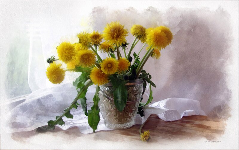 Dandelions in a Vase — Yellow, Serene, Morning