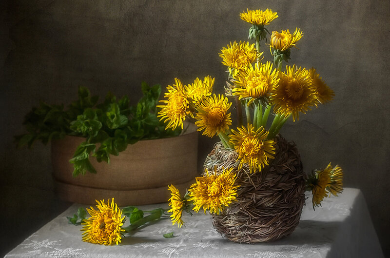 Dandelions in Basket — Yellow, Calm, Photograph, Flowers