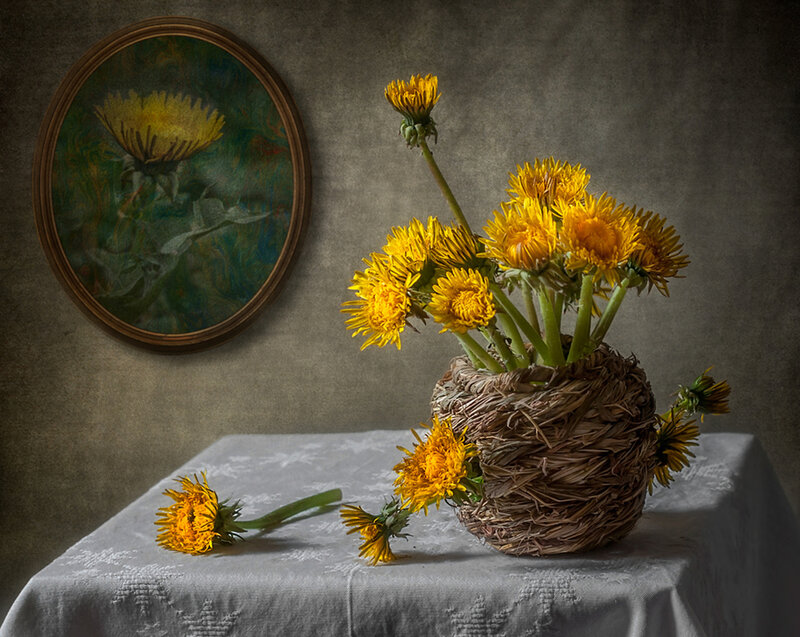 Dandelions in Basket — Yellow, Calm, Photograph, Painting