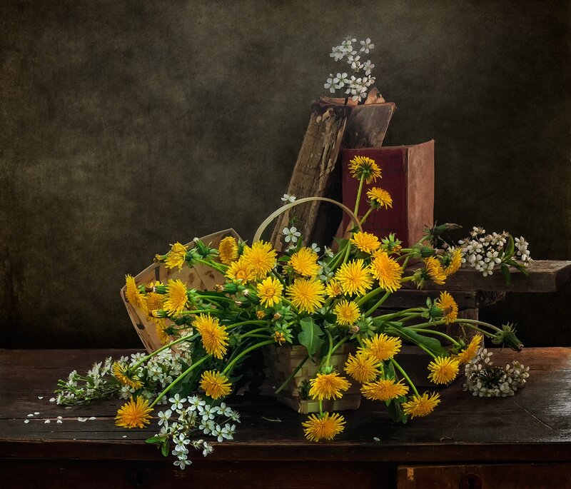 Dandelions in Basket — Yellow, Serene, Photograph