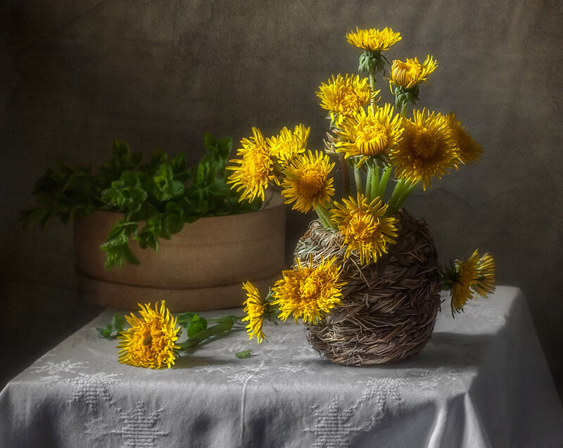 Dandelions in Basket — Yellow, Serene