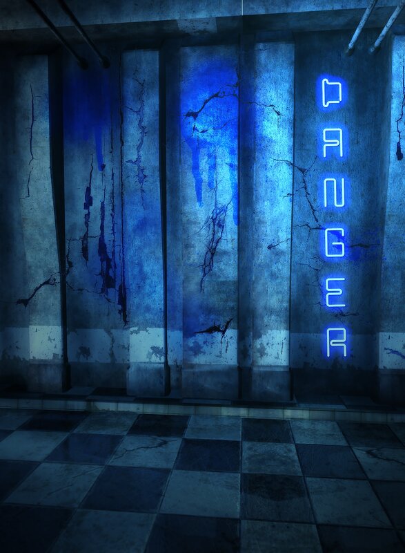 Danger sign in a dark corridor