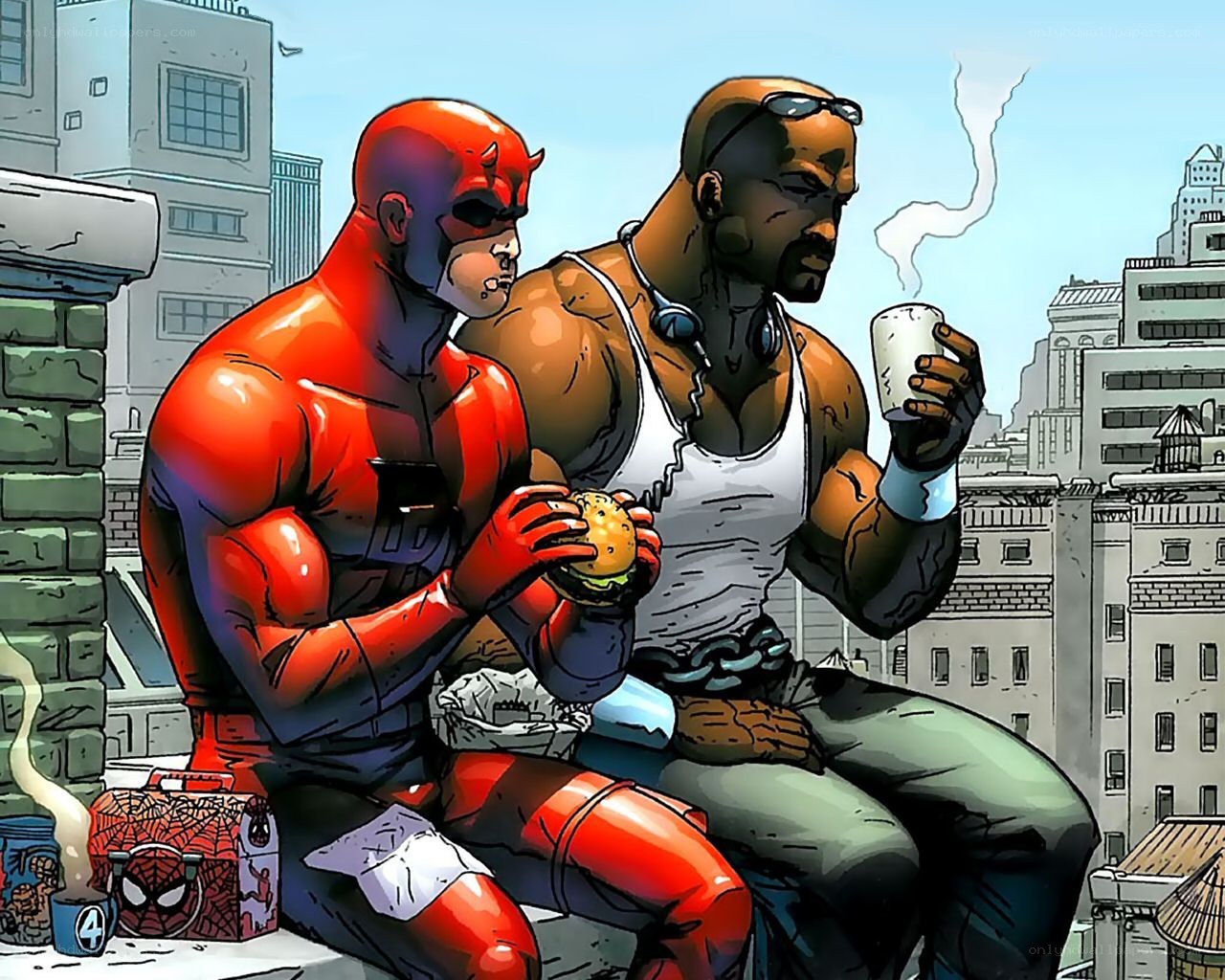 Daredevil and Luke Cage on a rooftop