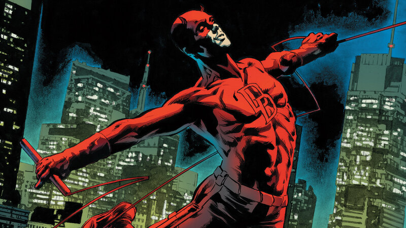 Daredevil in Red Suit — Dramatic, Night, Comic, City Skyline