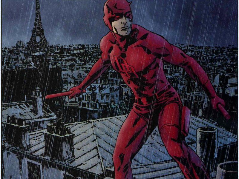 Daredevil on a rainy rooftop