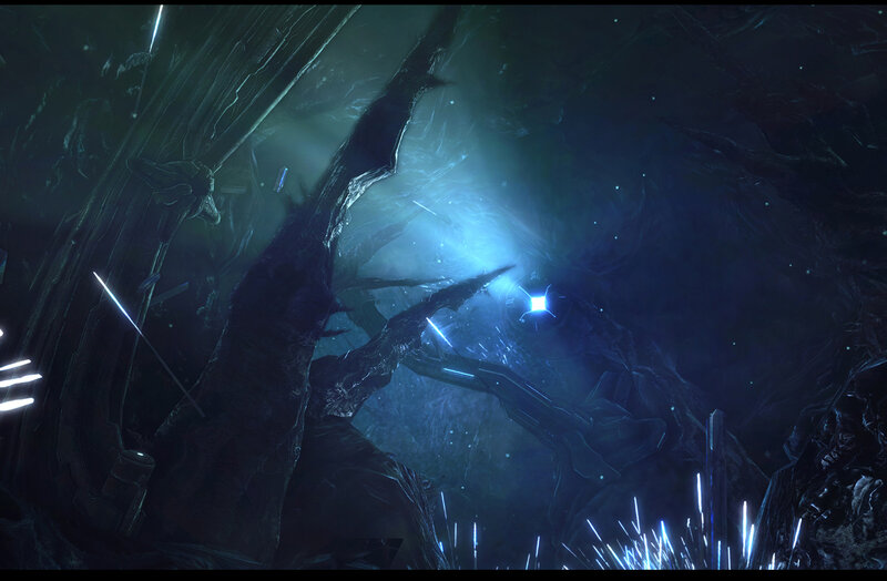 dark alien cave with blue light