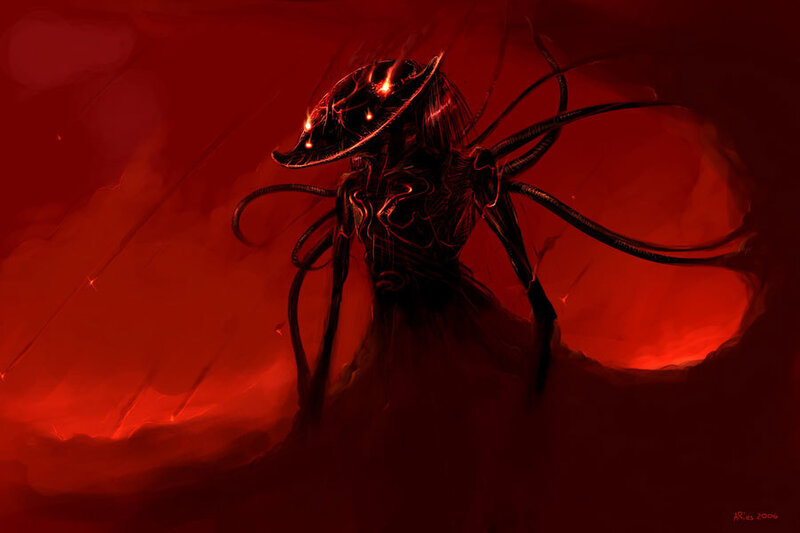 dark alien creature in red void