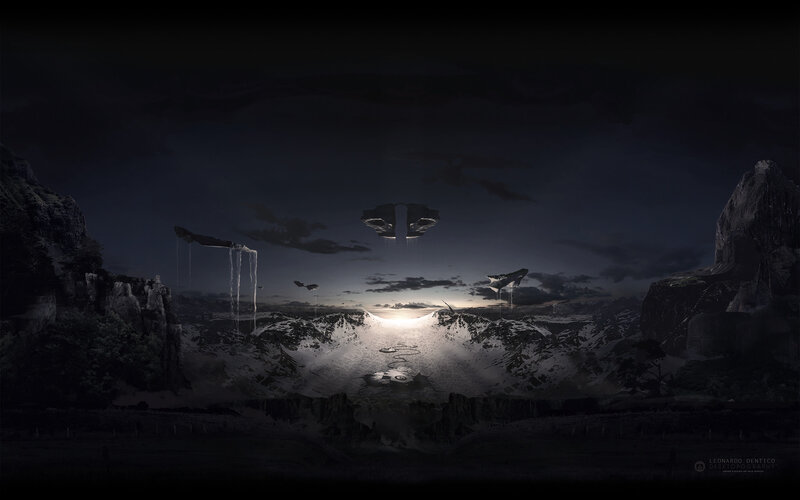 Dark alien landscape at night