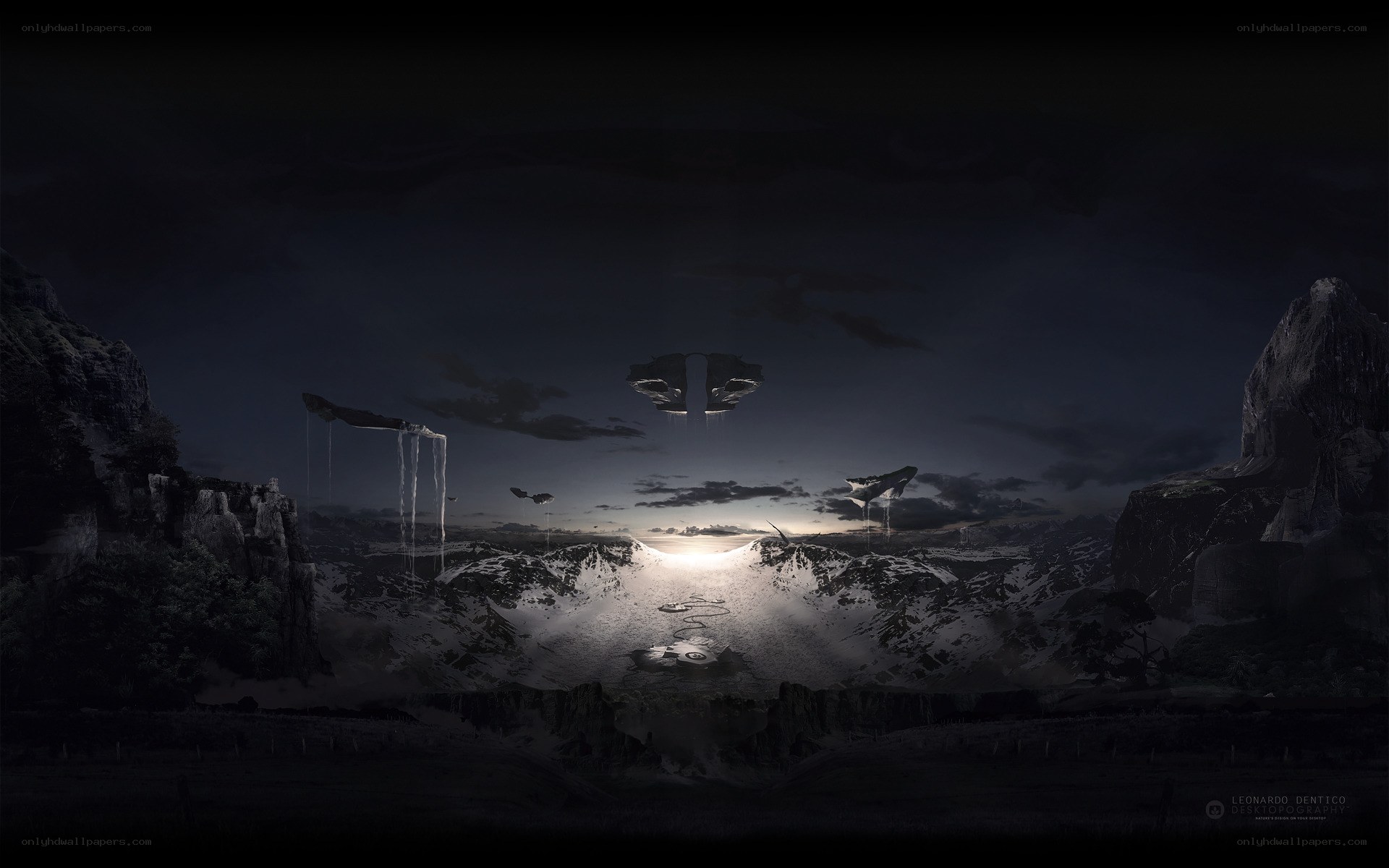 Dark alien landscape at night