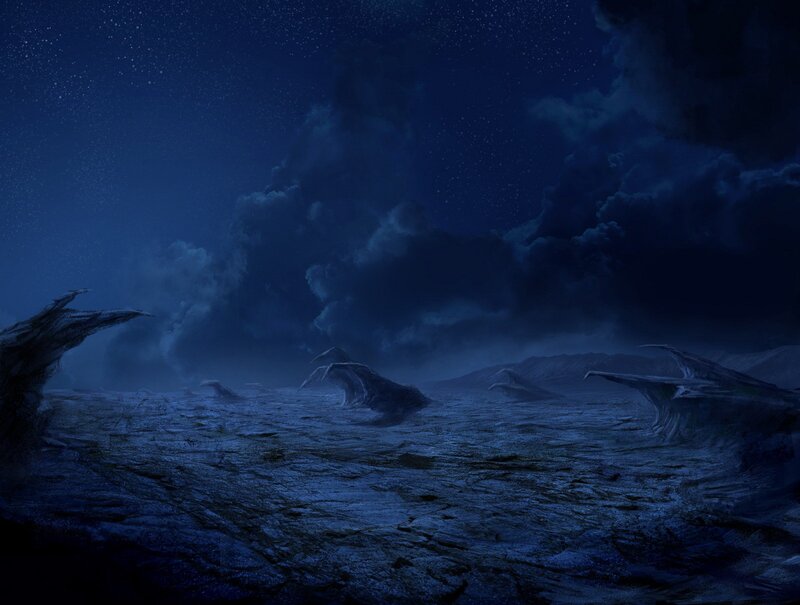 dark alien landscape at night