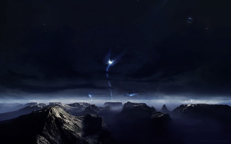 Dark alien landscape with lightning