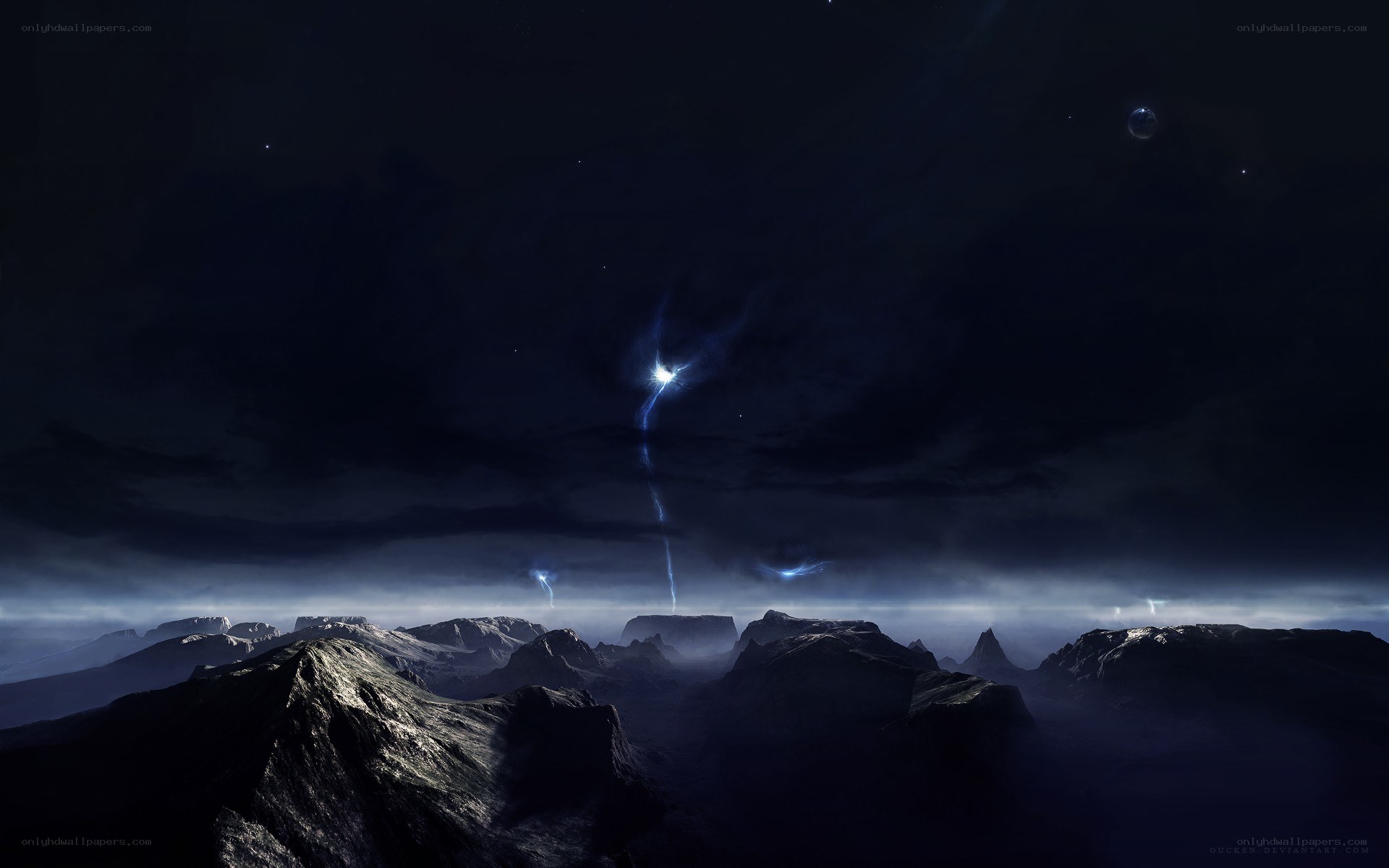 Dark alien landscape with lightning
