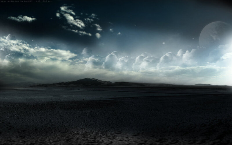 dark alien landscape with moon