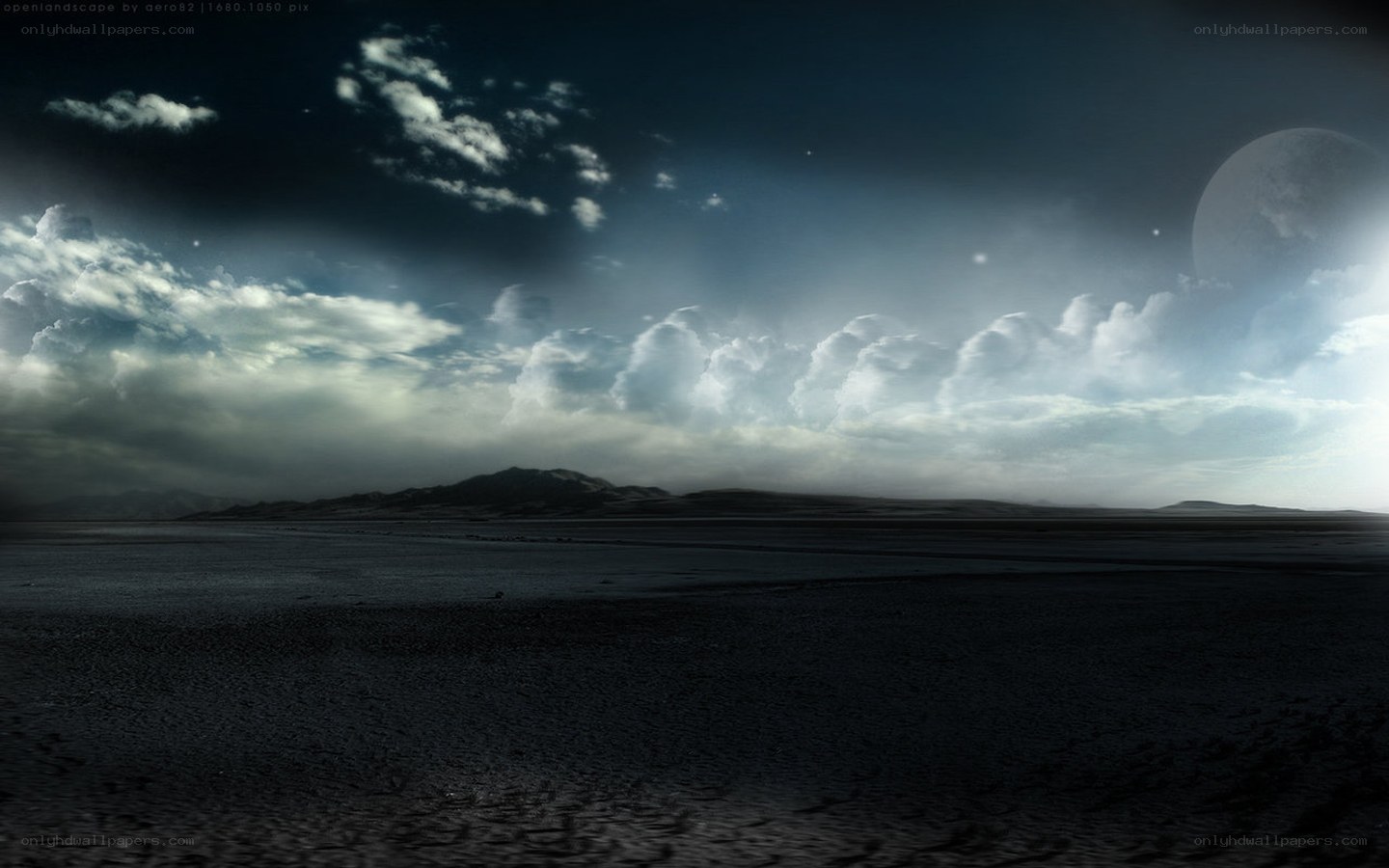 dark alien landscape with moon