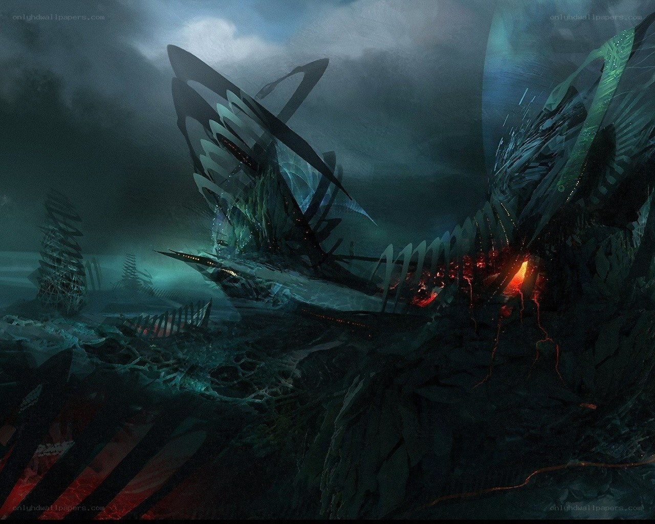 Dark alien wreckage on alien shore