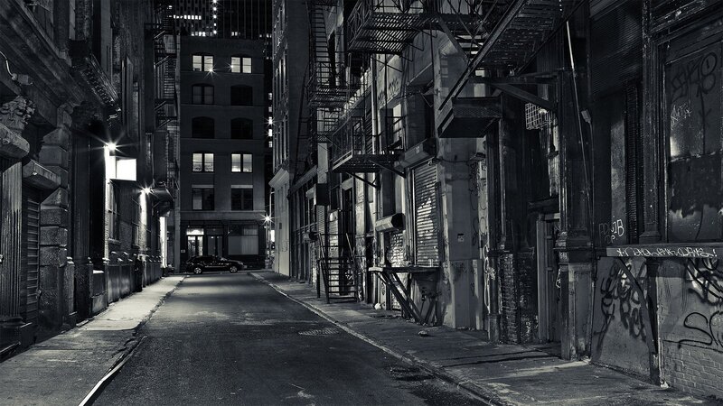 Dark Alley at Night — Black, Dramatic, Photograph