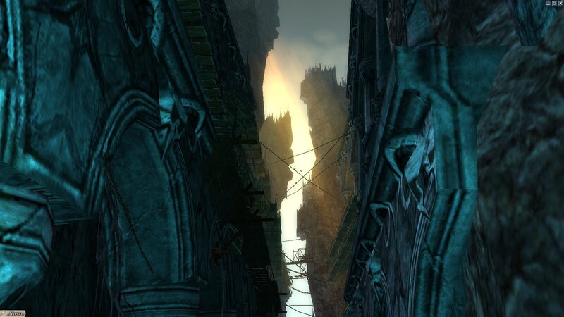 dark alley with distant city