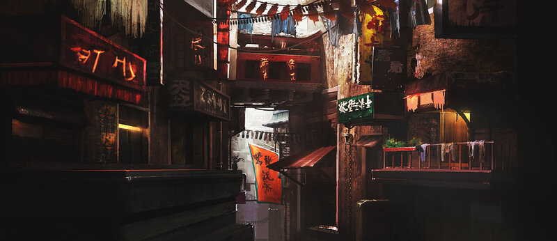 dark alley with neon signs