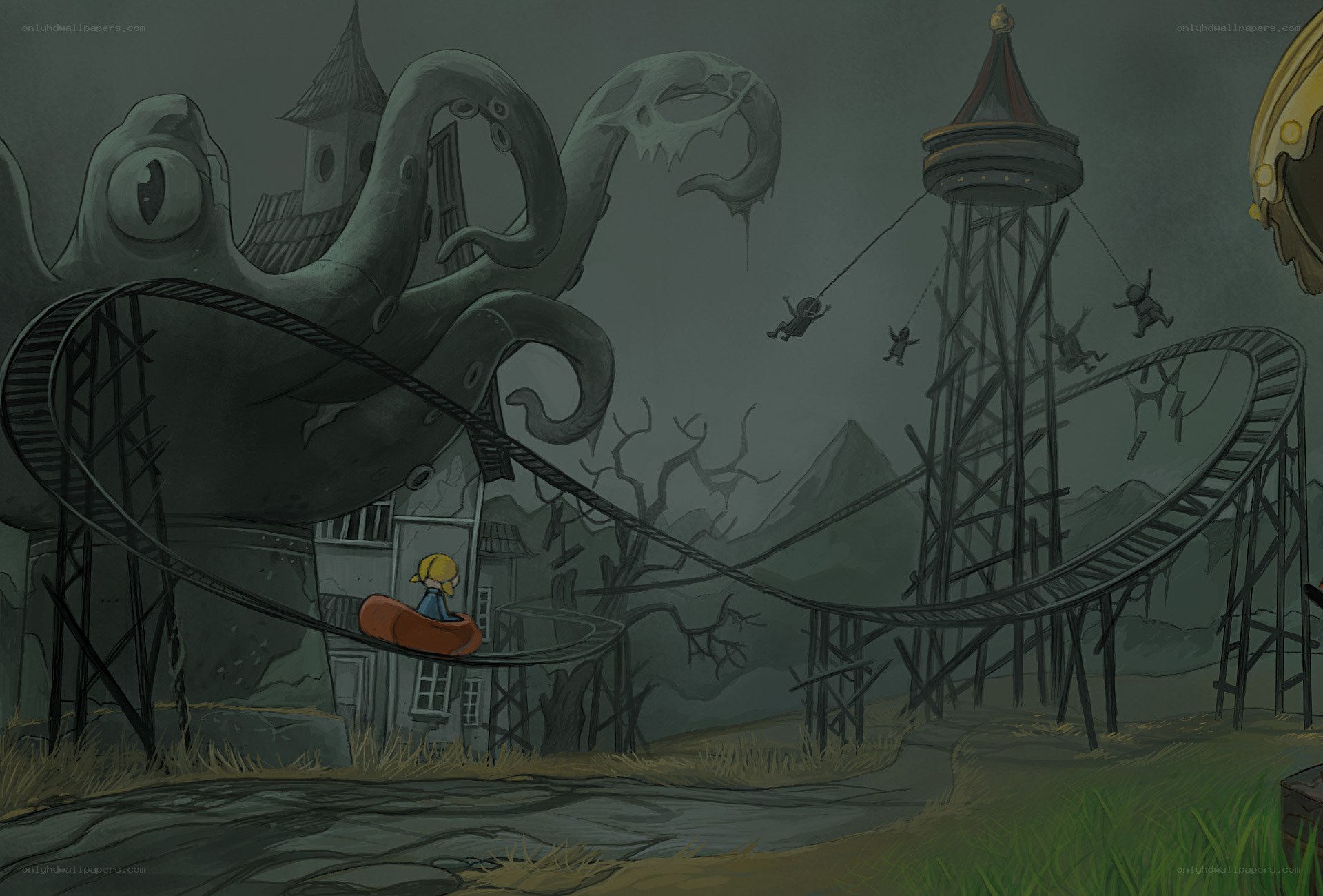 Dark amusement park scene
