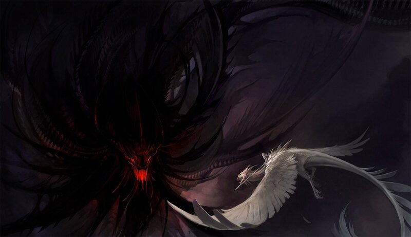 Dark and white dragons in battle