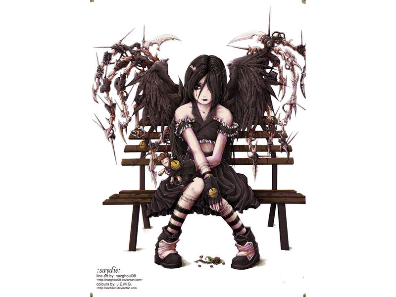 Dark angel girl on bench