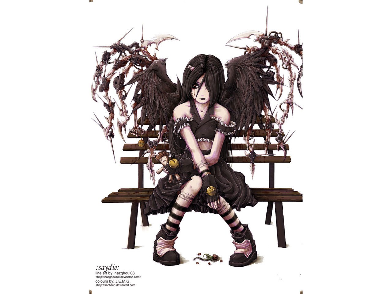 Dark angel girl on bench